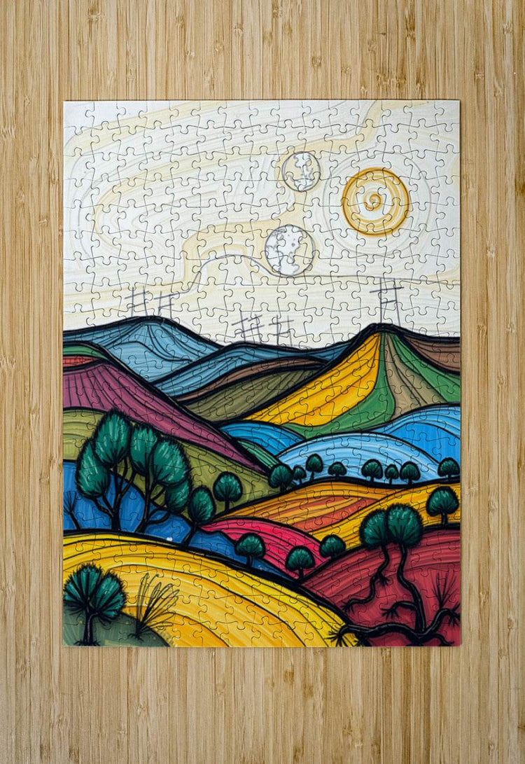 Abstract landscape puzzle print with colorful hills, trees, and spiral sky icons