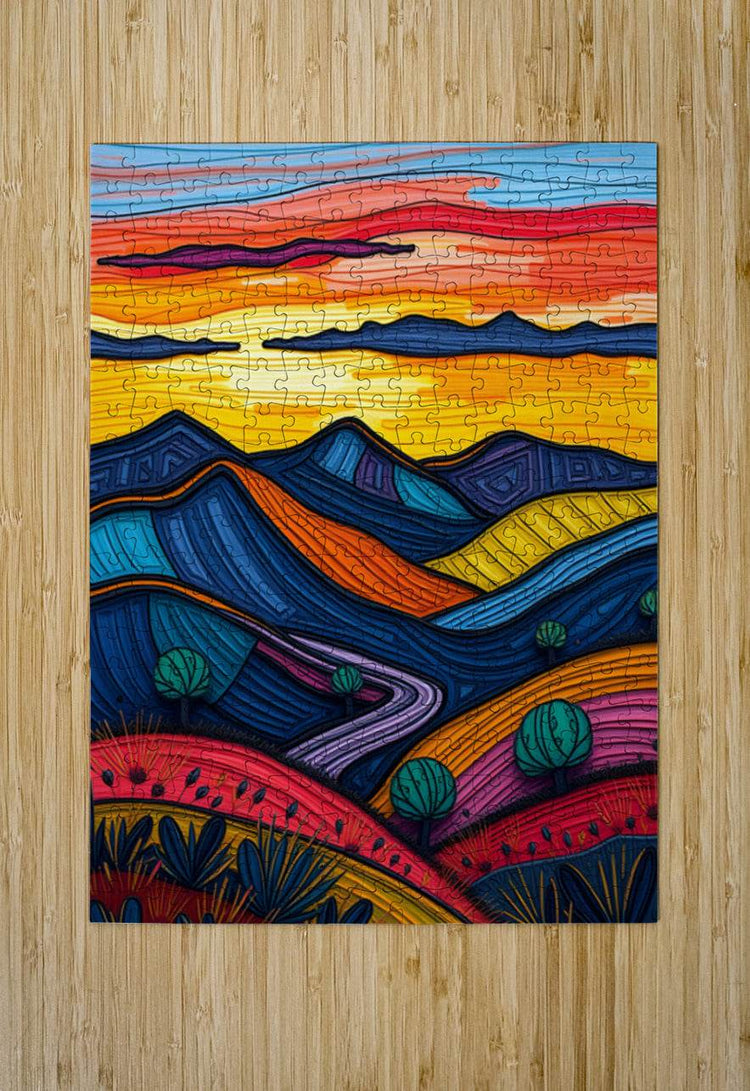 Abstract landscape jigsaw puzzle image with layered mountains, colorful sky, and cacti silhouettes.
