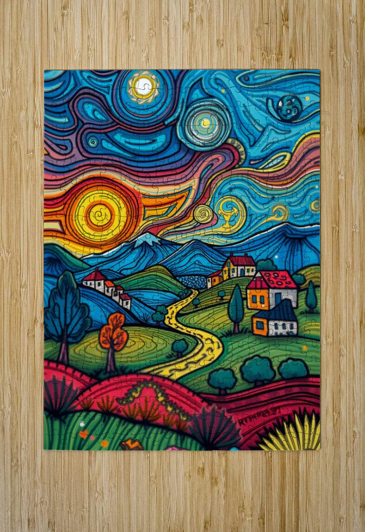 Abstract landscape print on tan wood border: swirled blue sky, winding path, houses.