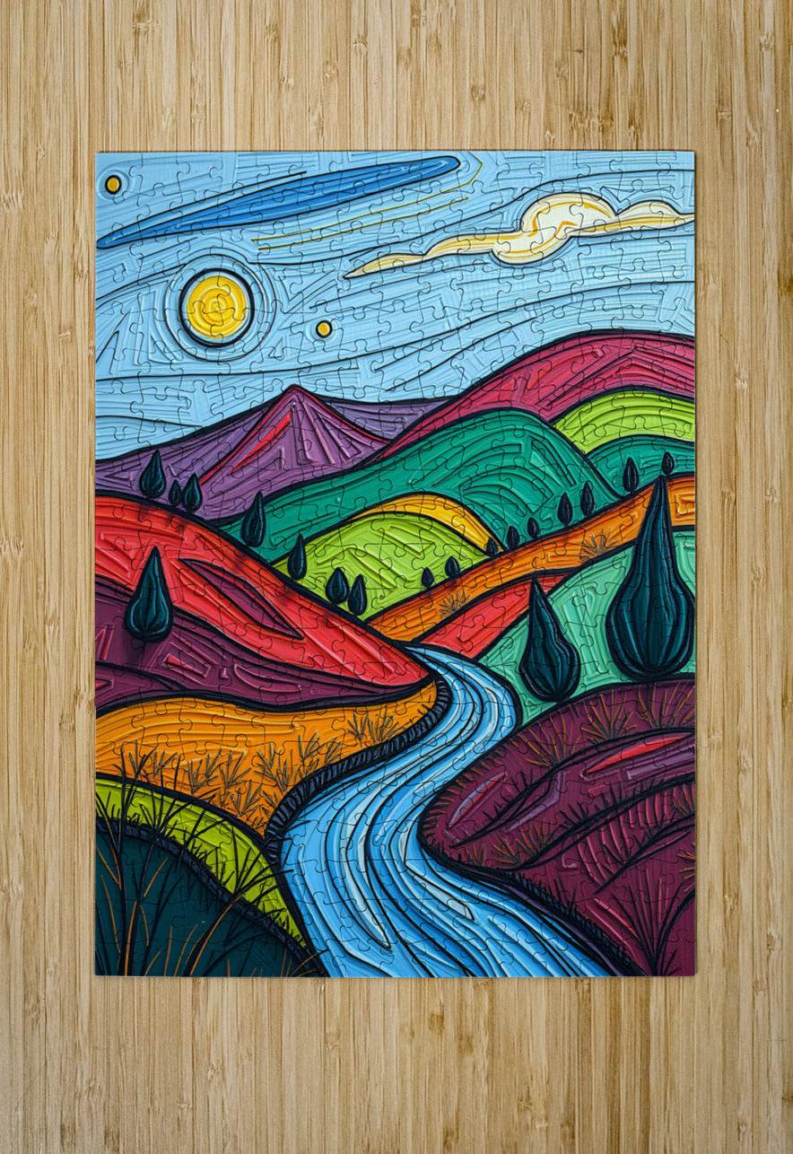 Colorful abstract landscape puzzle print with winding blue river and bright layered hills.