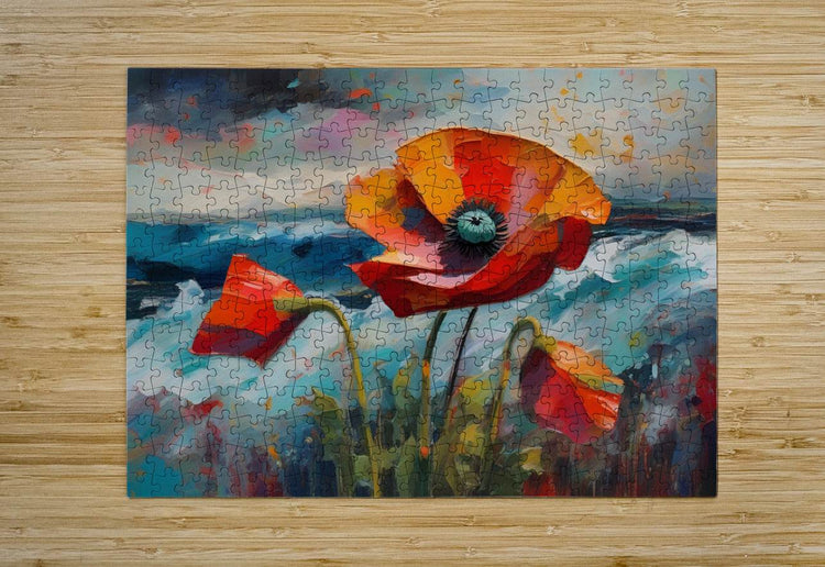 Jigsaw puzzle featuring orange and red poppy flowers with teal centers and green stems