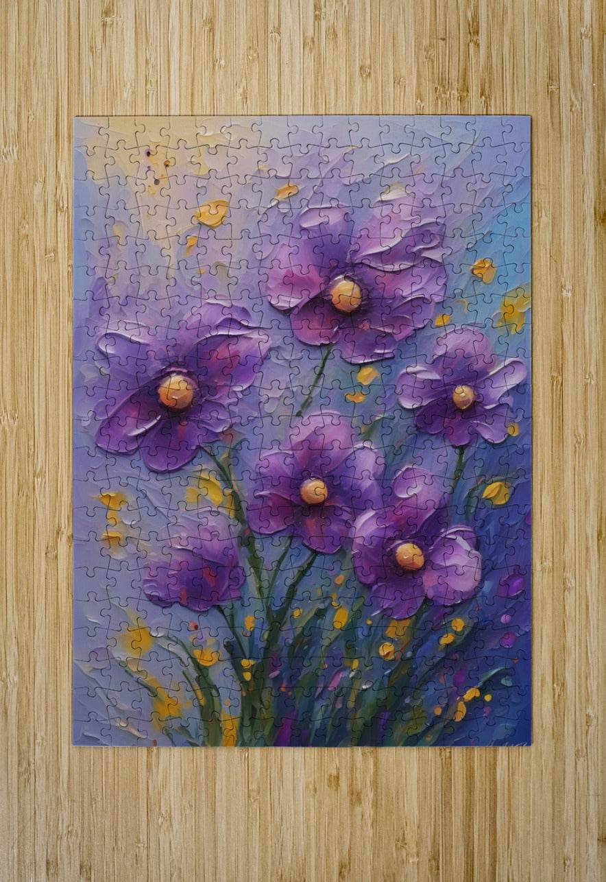 Purple floral jigsaw-style artwork with gold centers and textured petals.