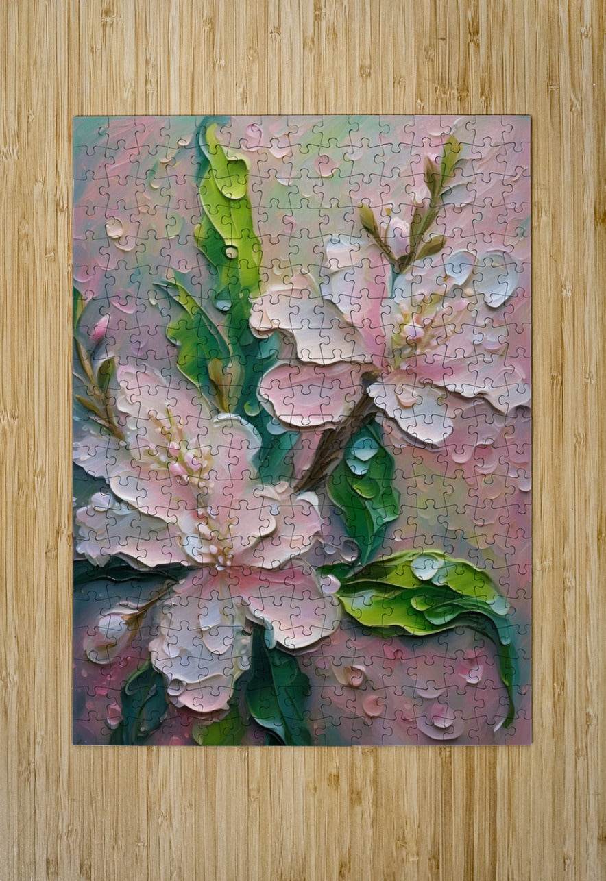 Floral jigsaw puzzle print with pink blossoms, green leaves, and raised 3D texture