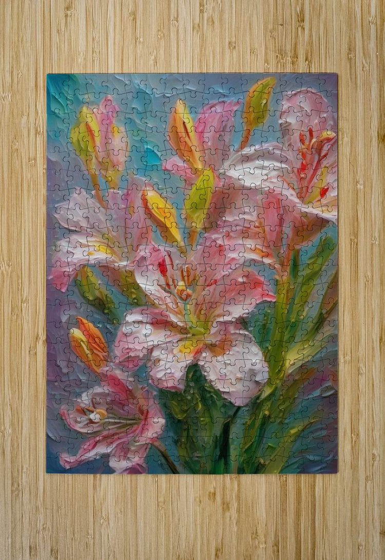 Puzzle-style floral artwork with pink, white, and green leaves on wooden background
