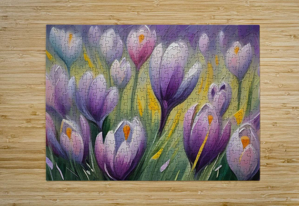 Tulip jigsaw puzzle print with purple and white blooms and yellow accents