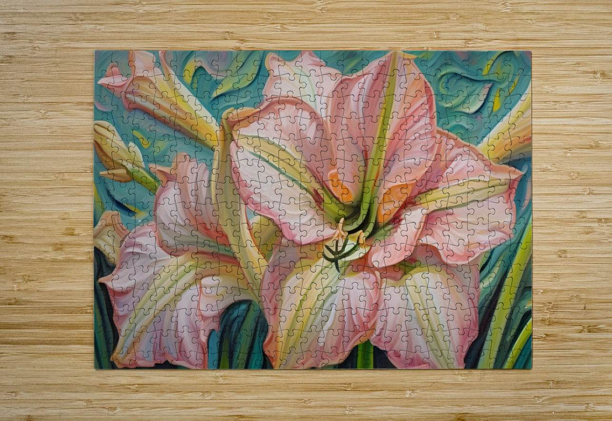 Jigsaw-style floral print of a pink lily blossom on teal-green background