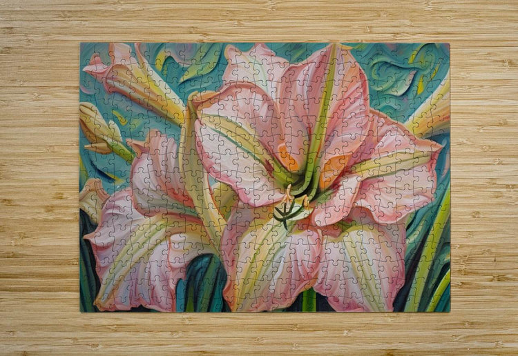 Jigsaw-style floral print of a pink lily blossom on teal-green background