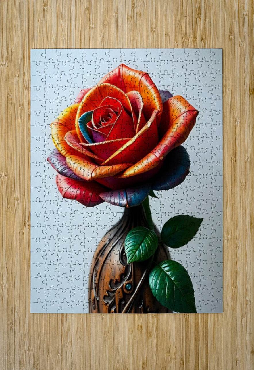 Rose jigsaw puzzle image with red-orange bloom and green leaves on a light blue backing