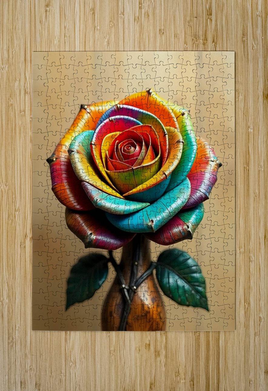 Metallic rainbow rose wall art jigsaw-style backing with layered petals and green leaves