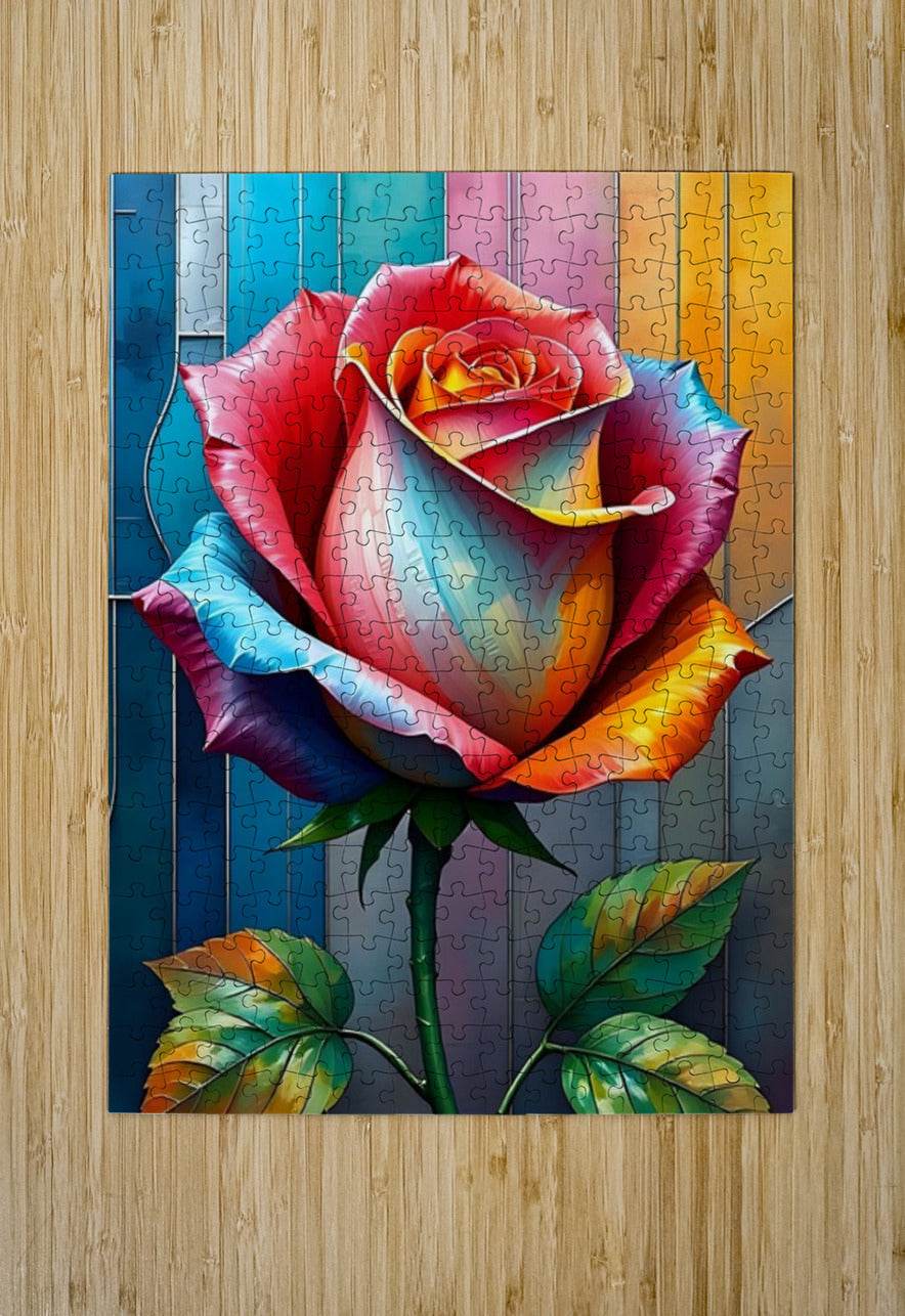 Rose jigsaw puzzle wall art with stained-glass style petals in red, teal, and yellow tones