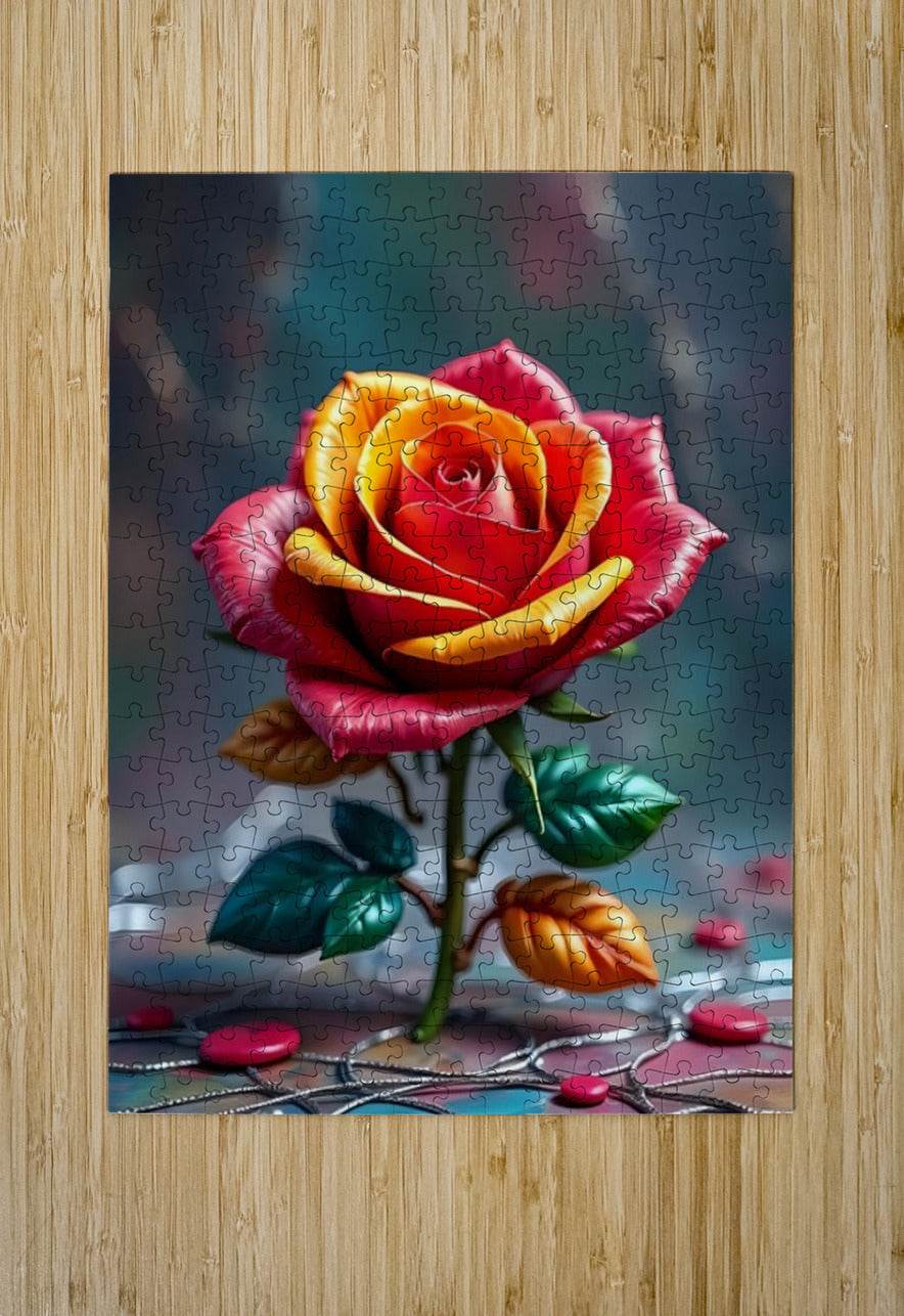 Jigsaw puzzle rose artwork with glossy red-yellow petals and green leaves