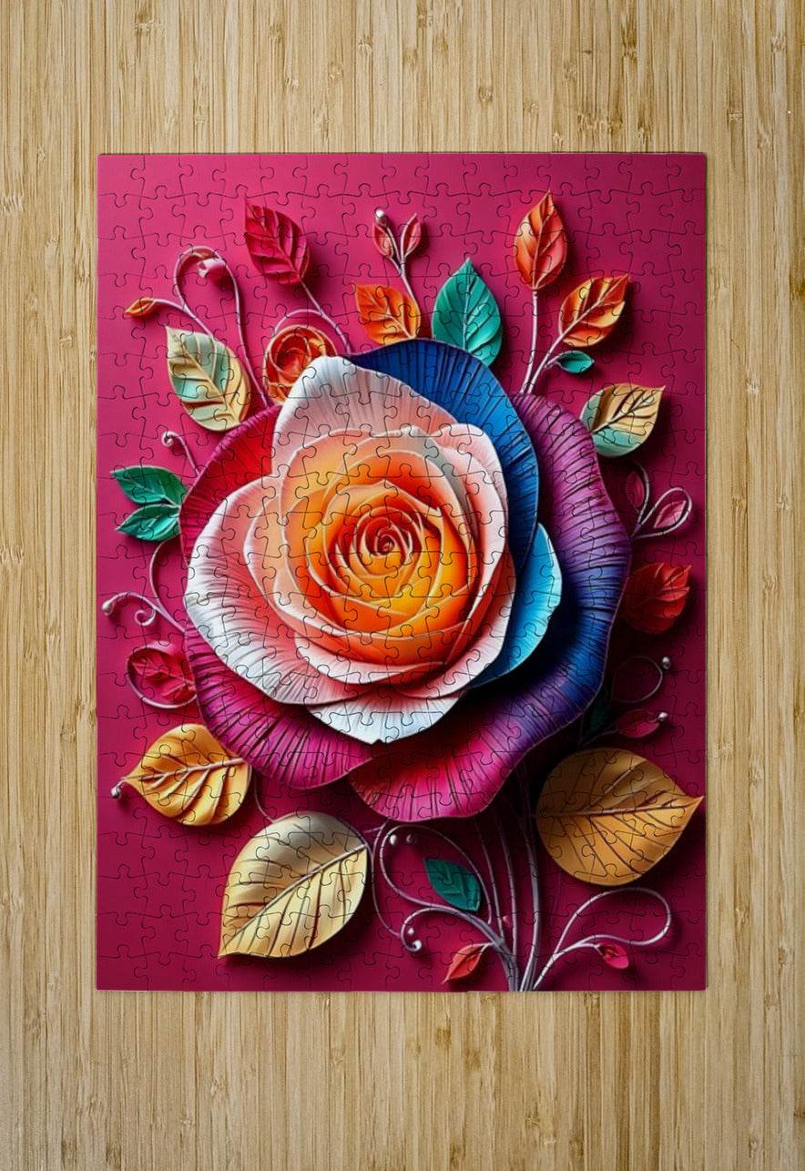 Jigsaw-style paper-quilled rose artwork on wood, curled petals and leaves