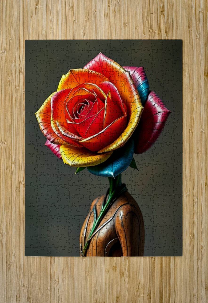 Jigsaw rose puzzle print, red metallic petals with rainbow highlights and dark backing