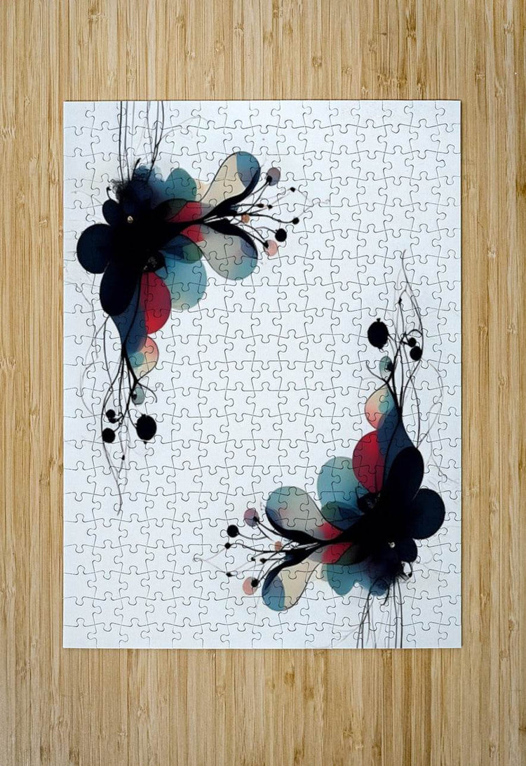 Jigsaw puzzle print of abstract floral art with black blossoms, teal and red petals.