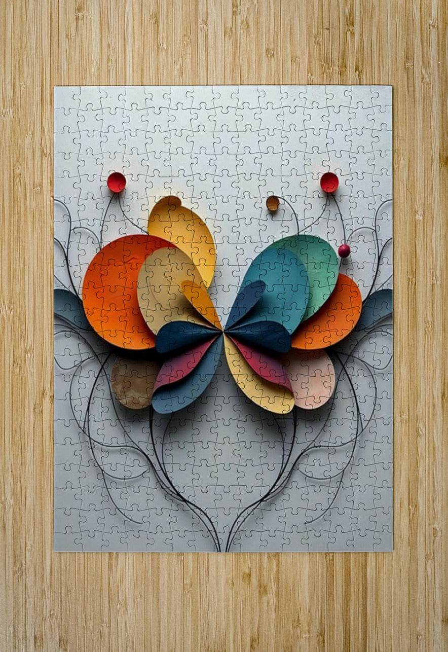 Abstract floral jigsaw puzzle artwork with multicolor petals and black wire vine lines