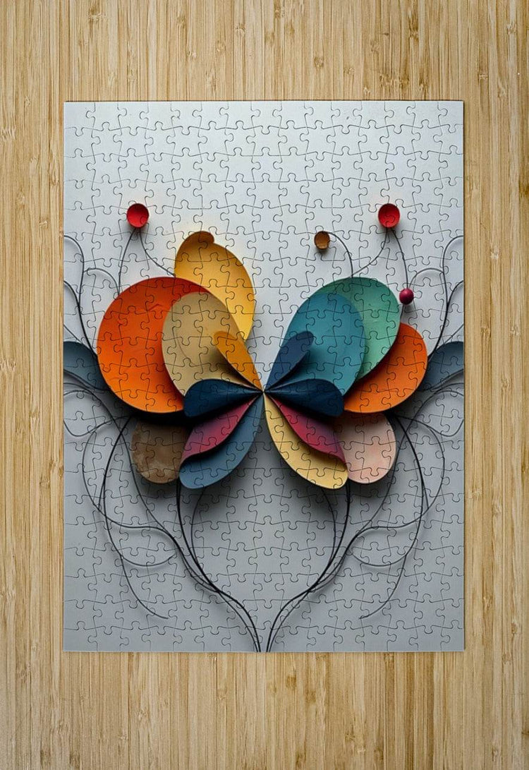 Abstract floral jigsaw puzzle artwork with multicolor petals and black wire vine lines