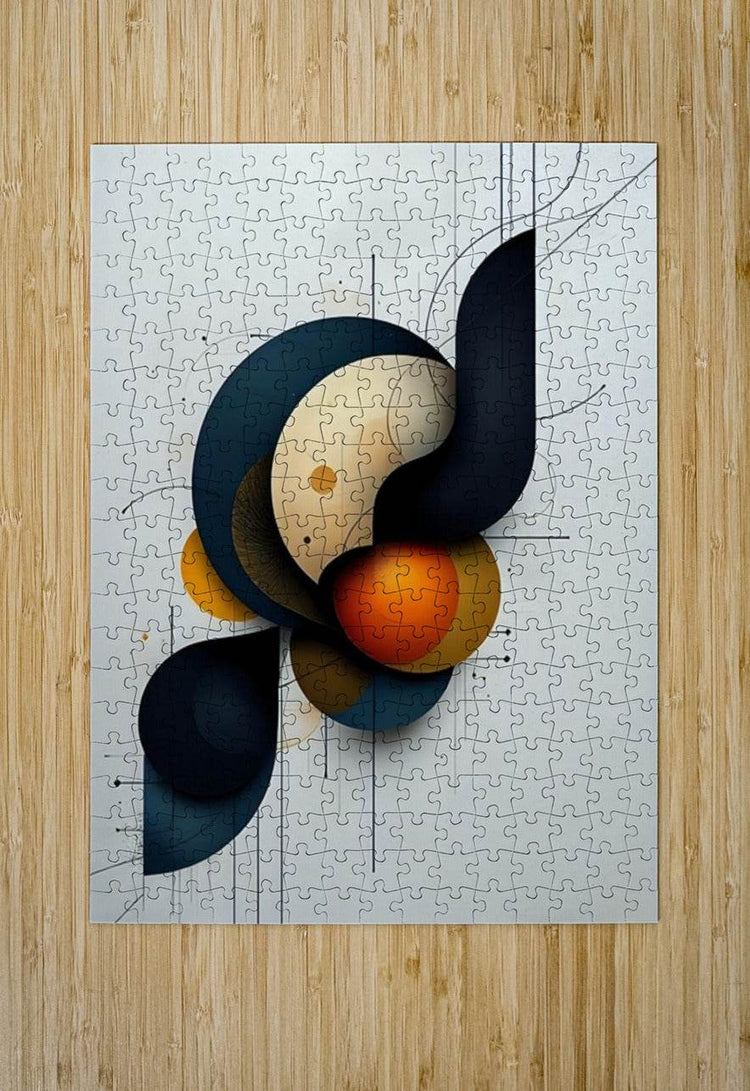 Puzzle artwork with abstract geometric shapes: dark navy, cream center, and orange-red sphere