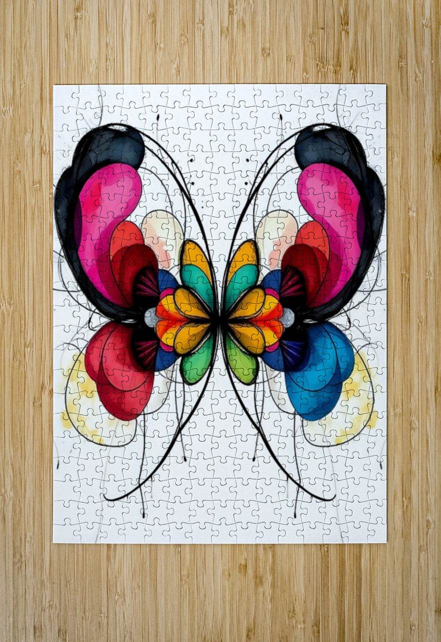 Jigsaw puzzle-style abstract butterfly print with pink, red, blue wings and colorful center.