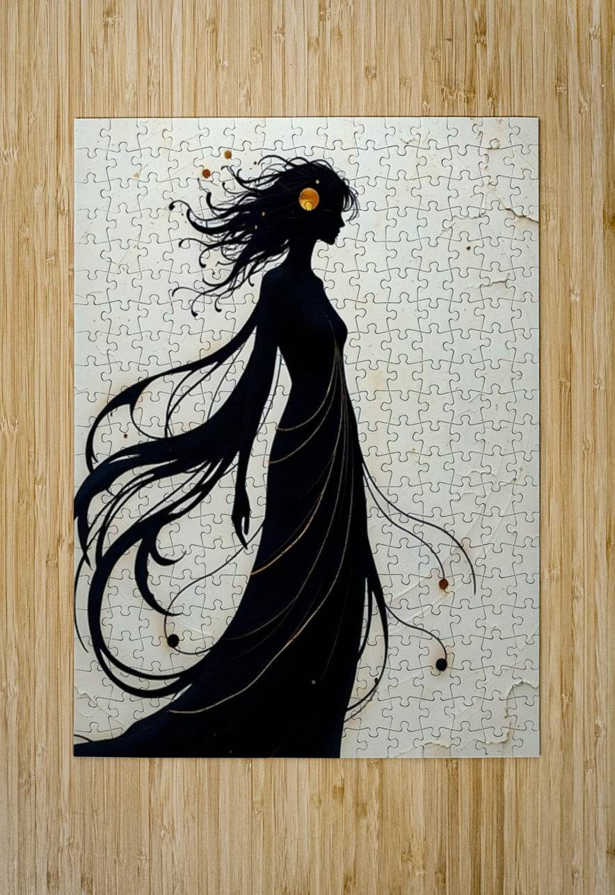 Silhouette figure puzzle print: black woman with flowing hair and orange-gold hair accessory