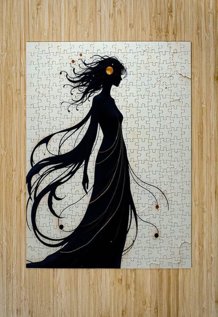 Silhouette figure puzzle print: black woman with flowing hair and orange-gold hair accessory