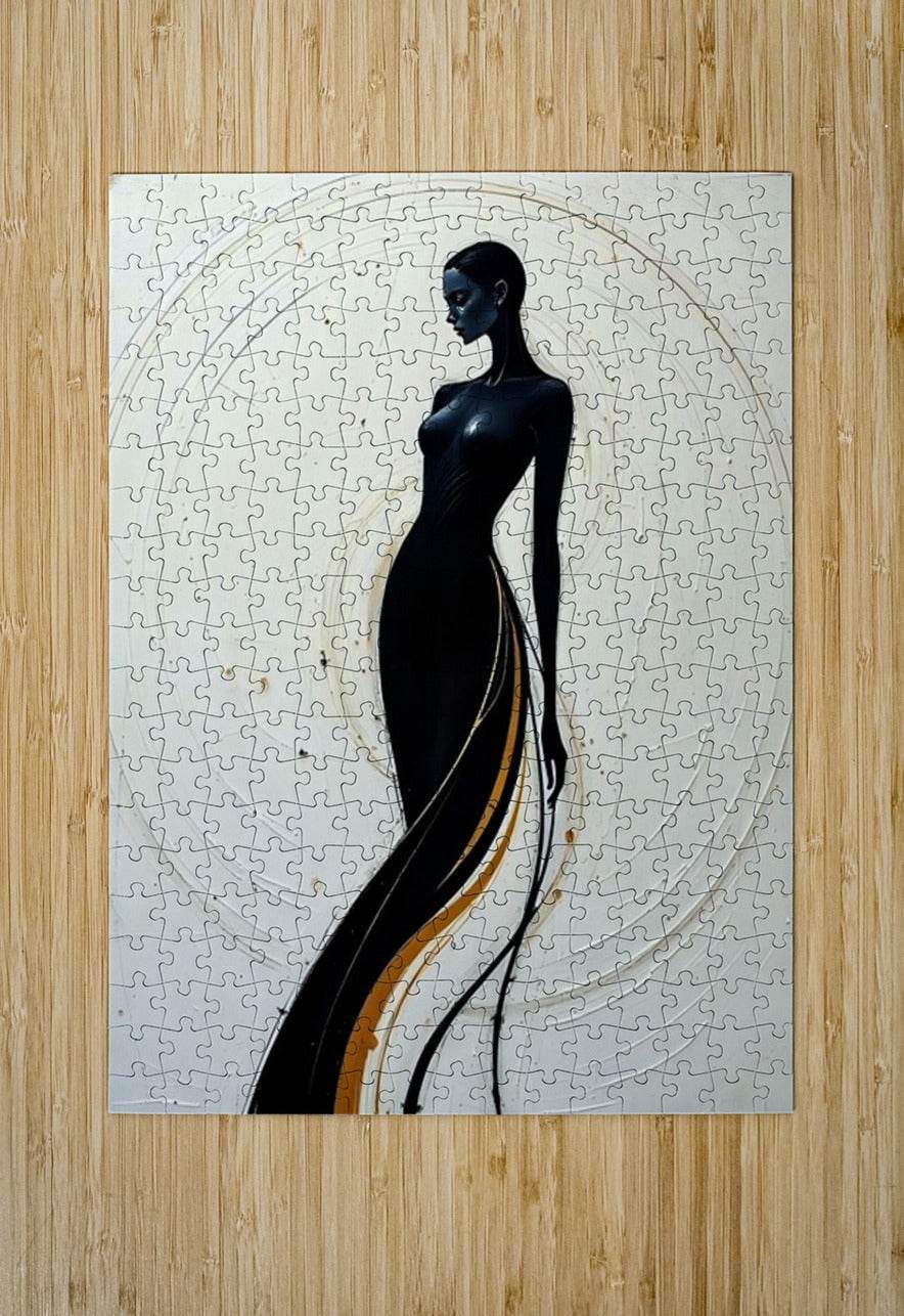 Stylized jigsaw puzzle panel with black woman silhouette and gold swoosh on white circle