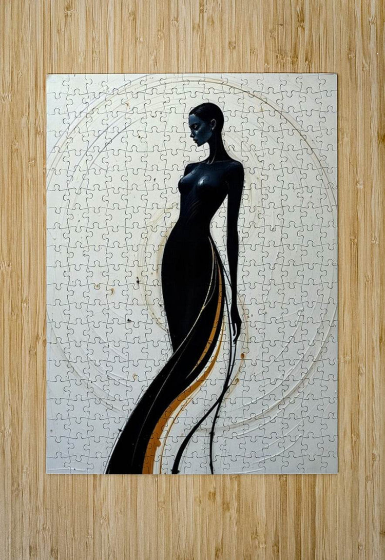 Stylized jigsaw puzzle panel with black woman silhouette and gold swoosh on white circle