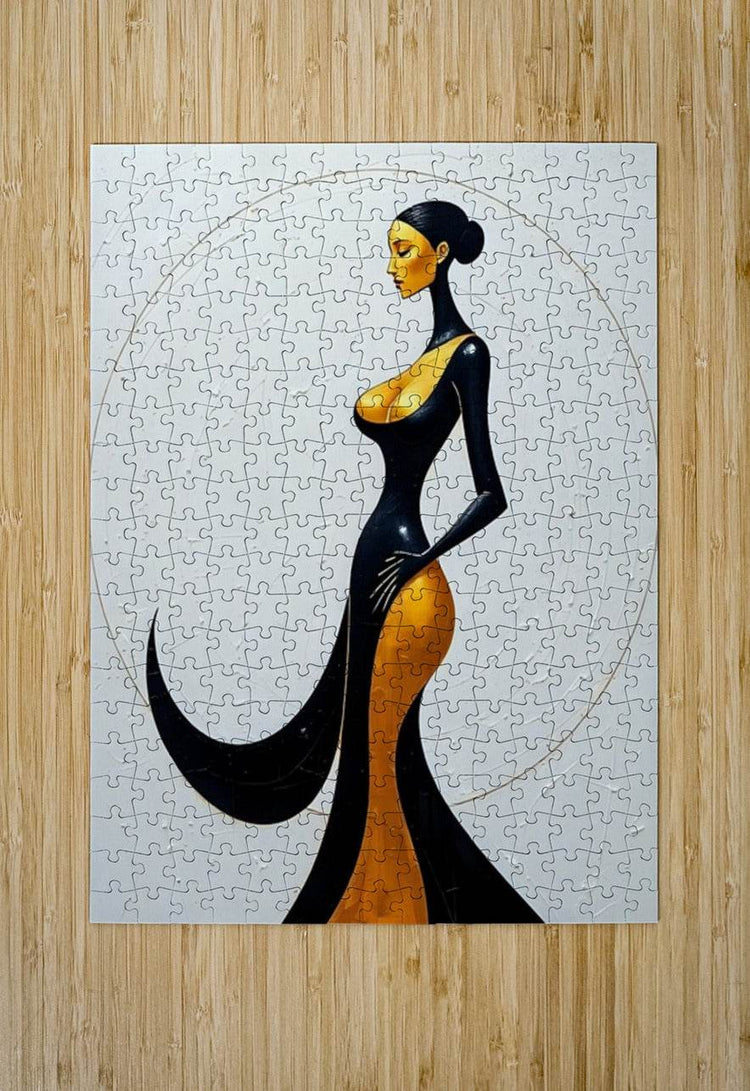 Jigsaw puzzle artwork: art deco woman in black and gold with large curved tail.