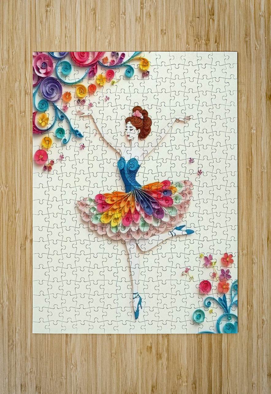 Quilled paper ballerina jigsaw puzzle image with blue tutu and curled flowers