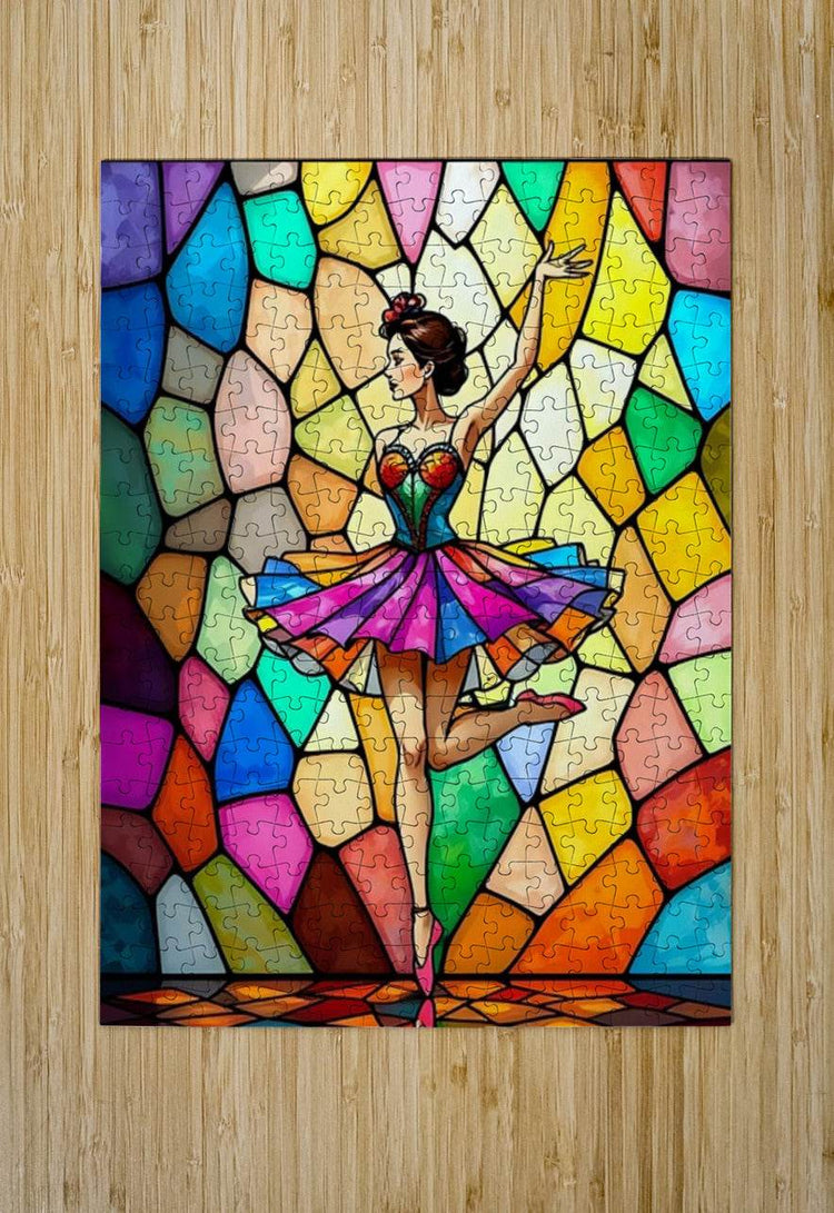 Jigsaw-style framed puzzle art of a ballerina in colorful stained-glass mosaic.