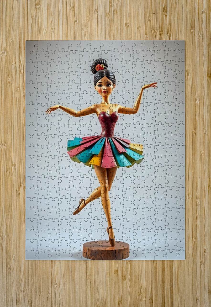 Jigsaw puzzle print: ballerina in maroon leotard with multicolor tutu on wood base.