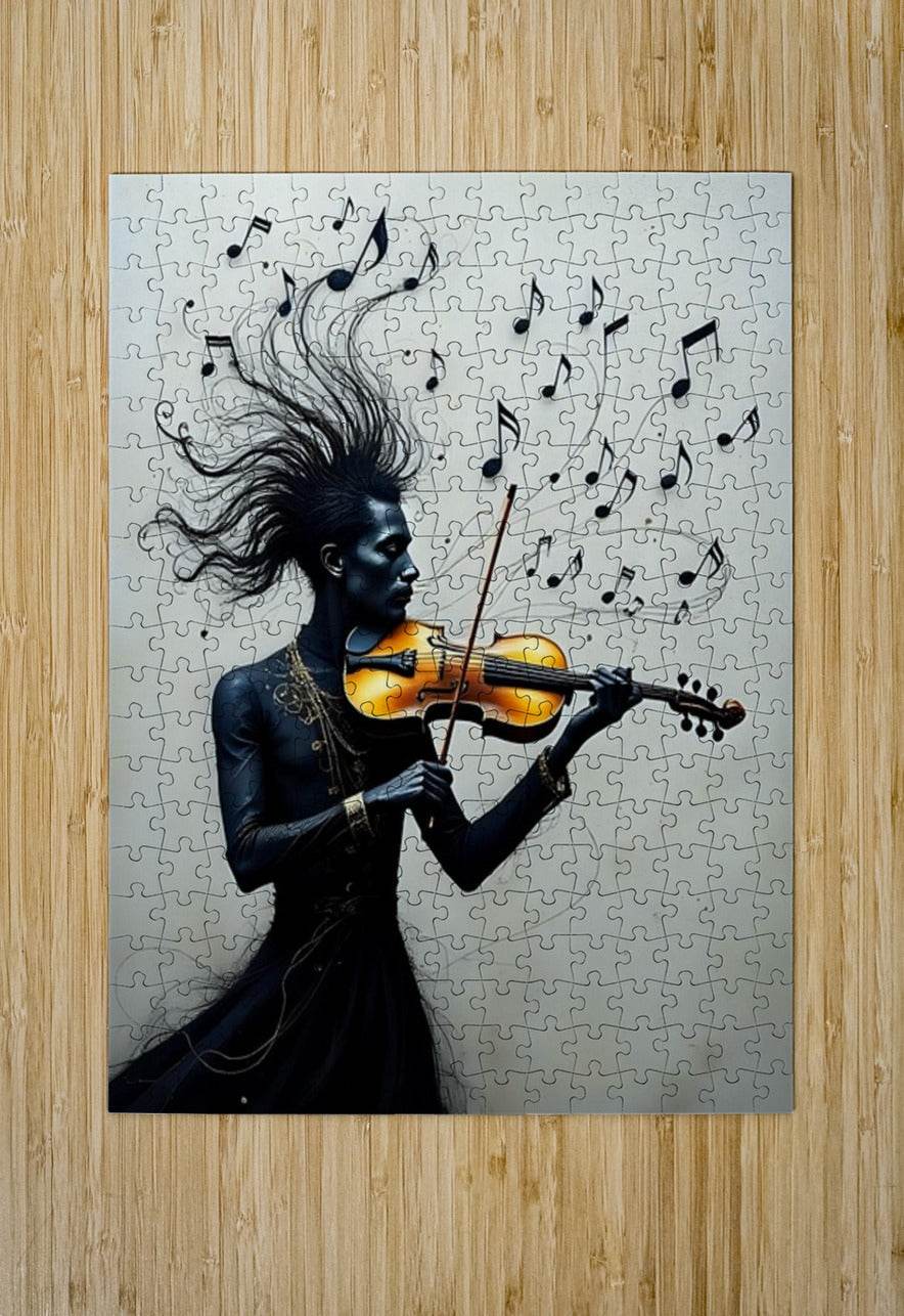 Jigsaw puzzle art: dark-haired violinist woman with floating music notes