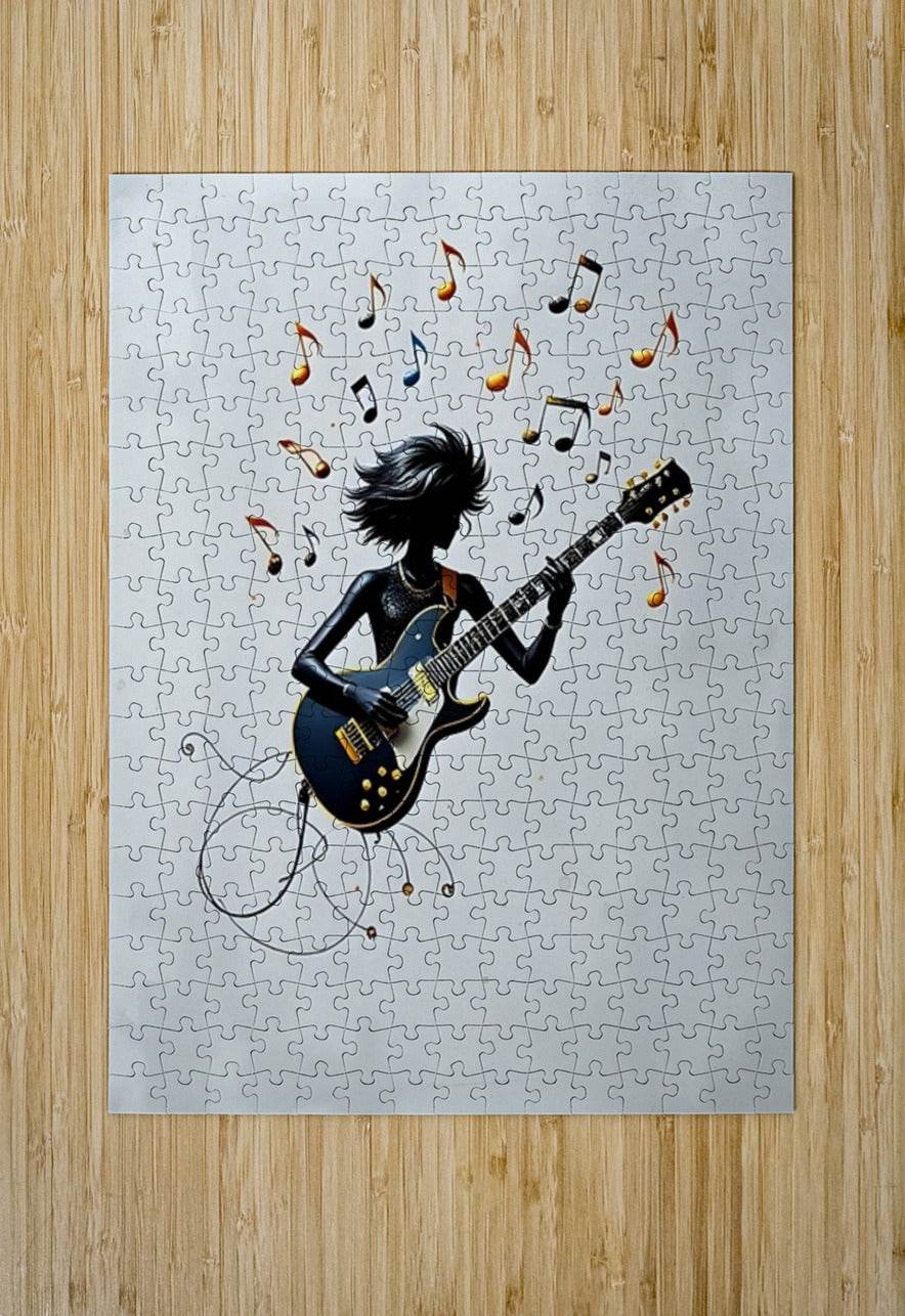 Jigsaw puzzle artwork of rock guitarist with electric guitar and music notes