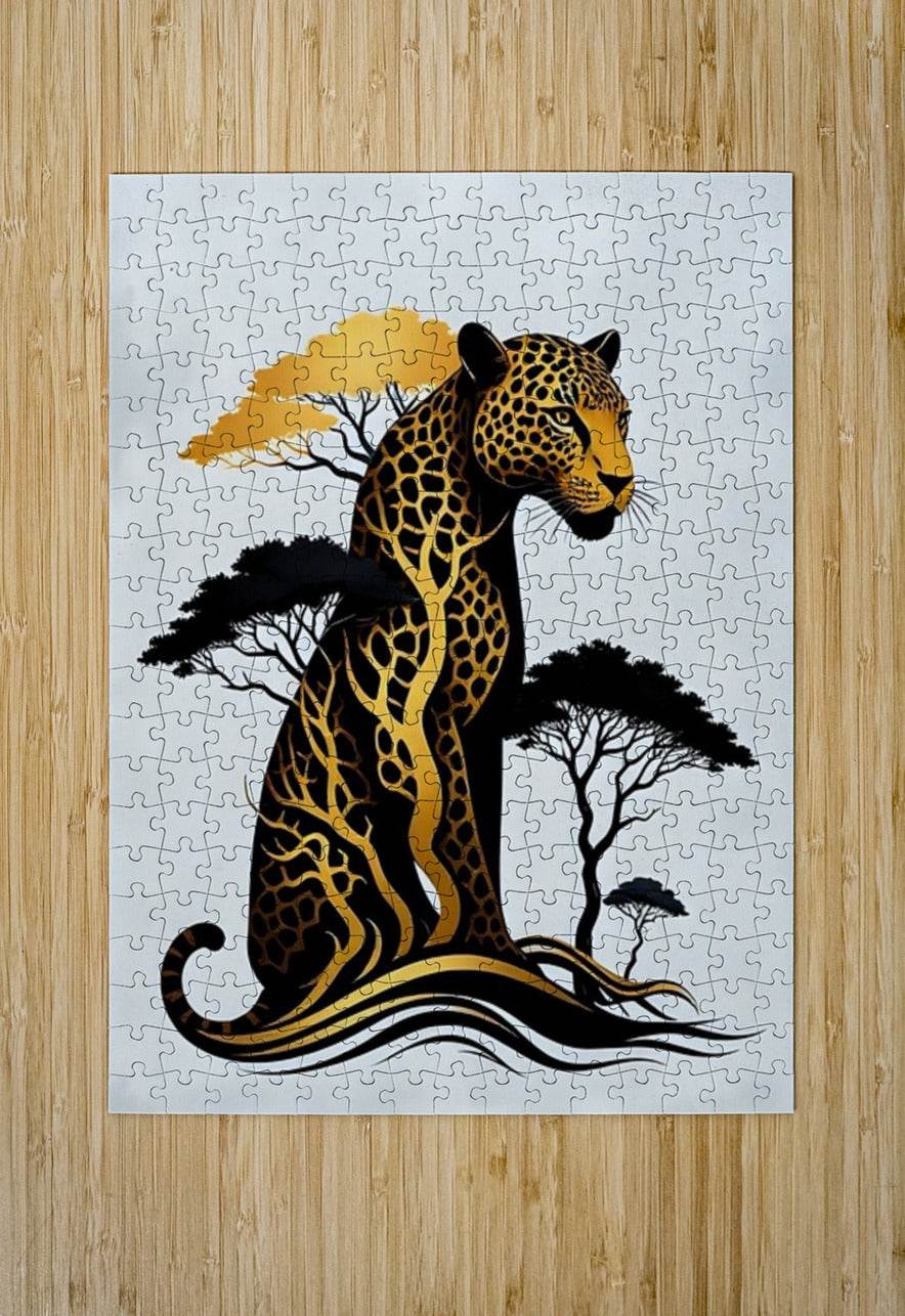 Jaguar jigsaw puzzle print with interlocking pieces and gold-and-black tribal trees