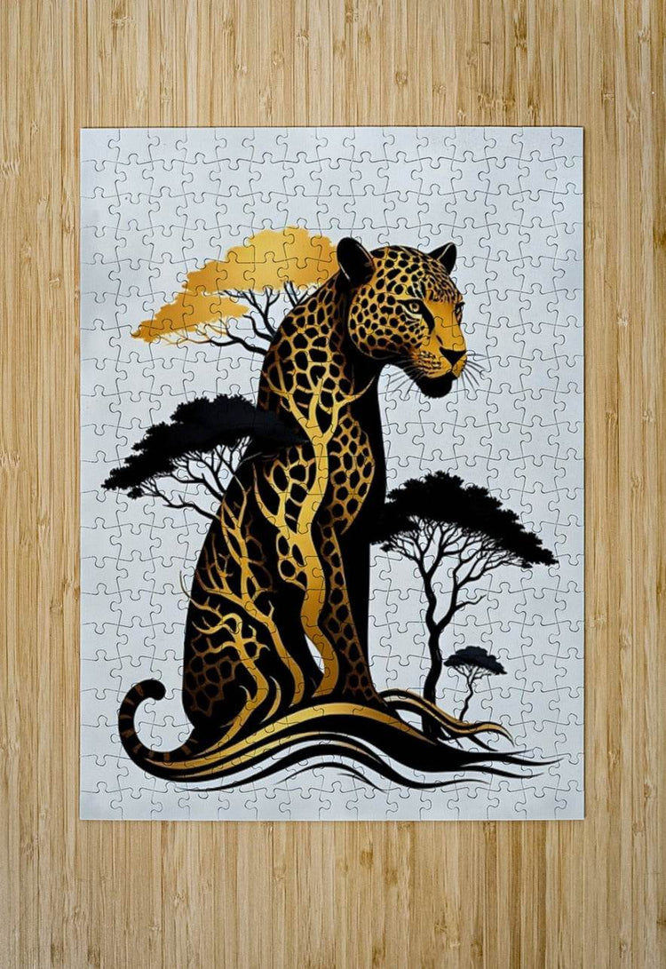 Jaguar jigsaw puzzle print with interlocking pieces and gold-and-black tribal trees