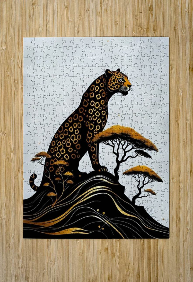 Jigsaw-style puzzle art showing a stylized jaguar on black waves with gold highlights