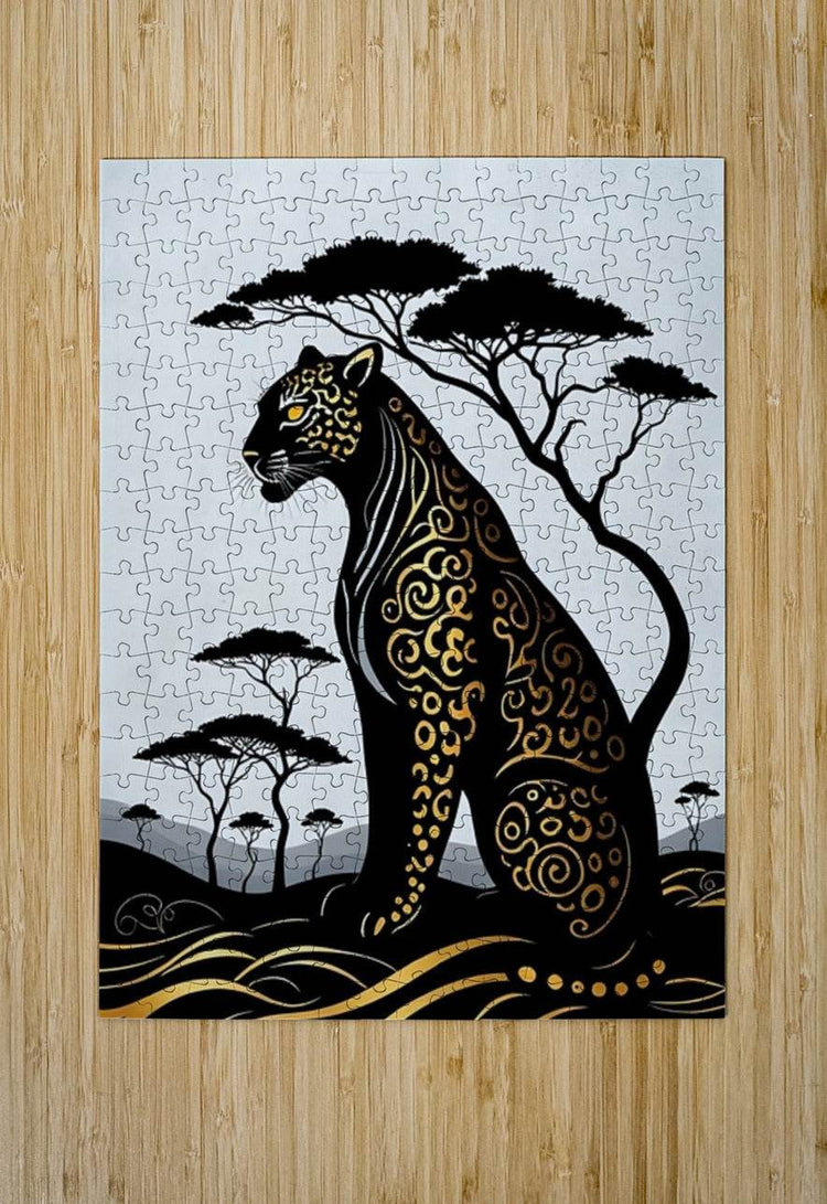 Leopard jigsaw puzzle image with black-and-gold leopard, tree silhouettes, and scroll patterns