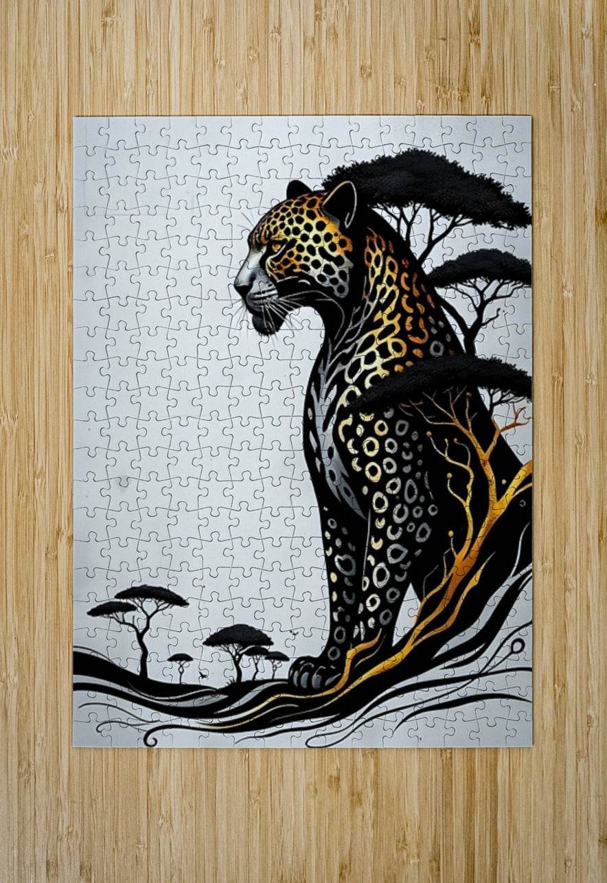 Jaguar jigsaw-style wall art with black-and-gold spotted coat, trees, and wavy ground