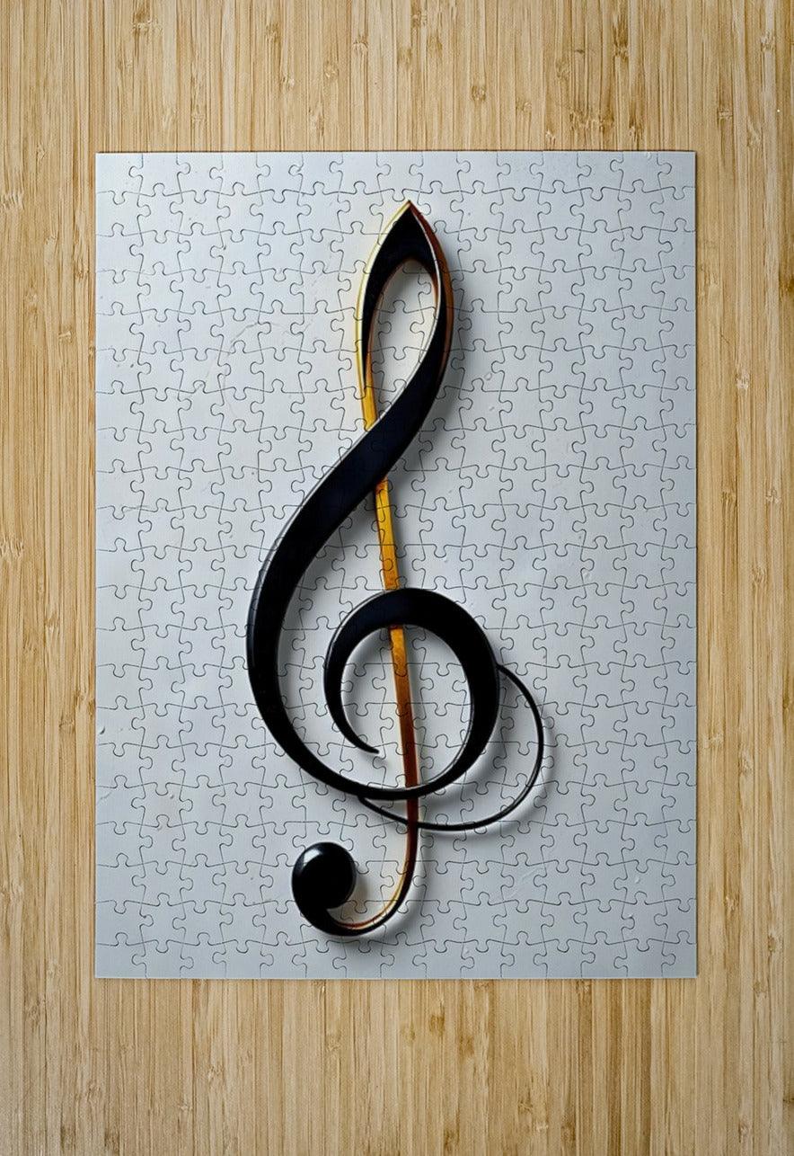 Jigsaw-style treble clef wall art with black loops, gold accents, and a round note