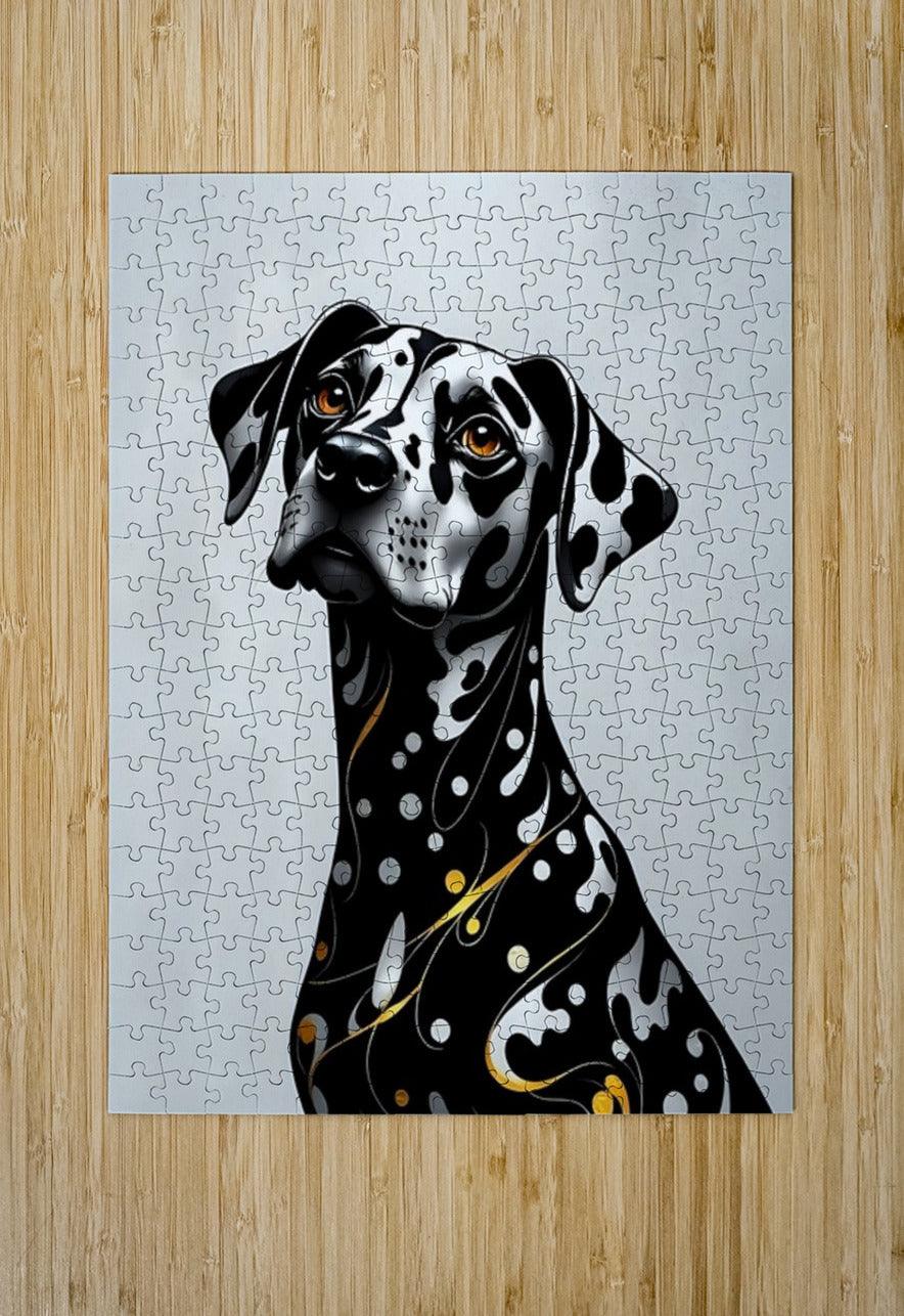 Dalmatian portrait jigsaw puzzle art piece of a black-and-white dog with orange eyes
