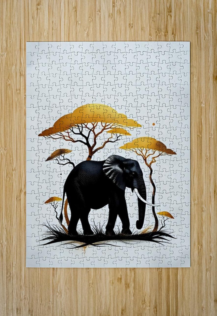 Puzzle artwork of black elephants with golden acacia trees and grass