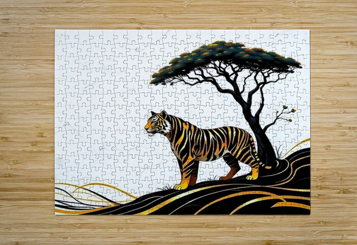 Safari tiger and savannah tree jigsaw puzzle print with black and gold waves