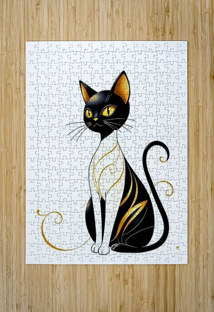 Cat puzzle print, black-and-gold cat with yellow eyes and curled tail on grey pieces