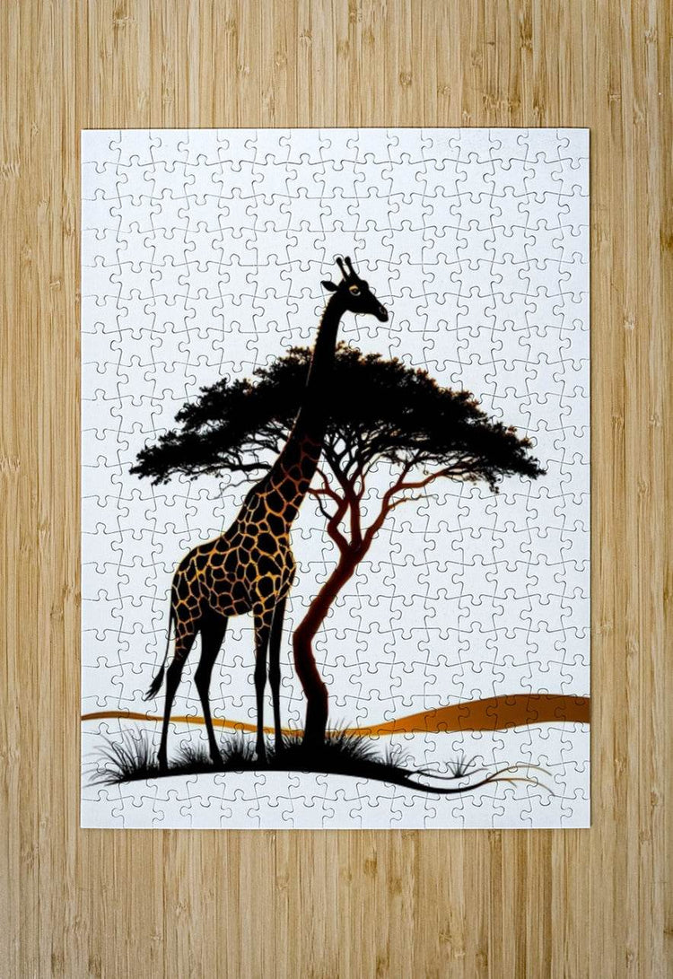 Giraffe jigsaw artwork with black tree canopy and orange ground stripe