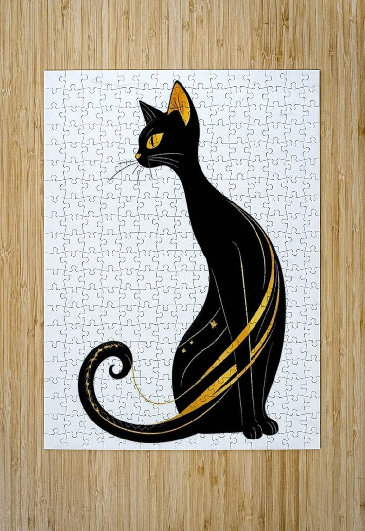 Cat puzzle print with black cat and yellow highlights, curled tail and decorative stars