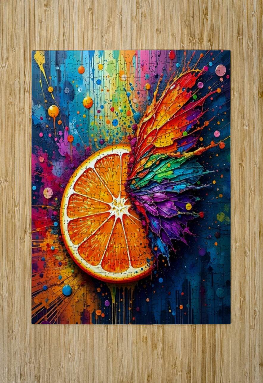 Puzzle print featuring neon orange slice with multicolor wings and paint splatters