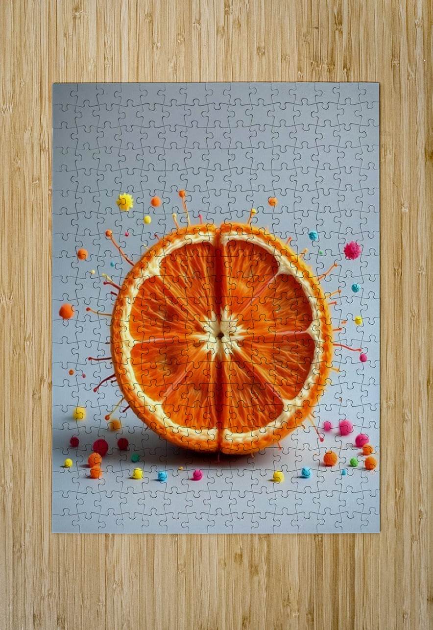 Jigsaw-style print of orange citrus half with colorful sprinkles on blue background