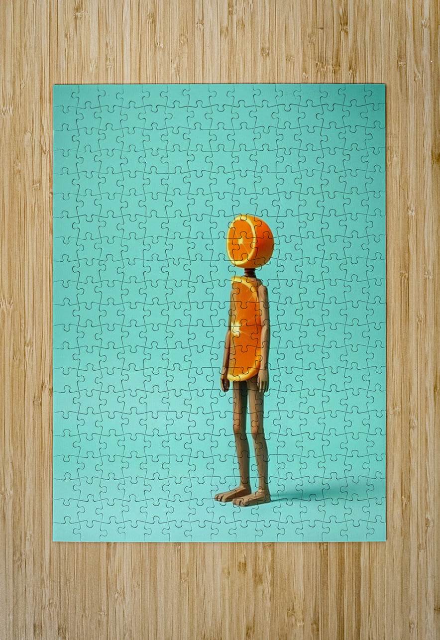 Surreal puzzle artwork: orange-faced figure on turquoise jigsaw-piece background