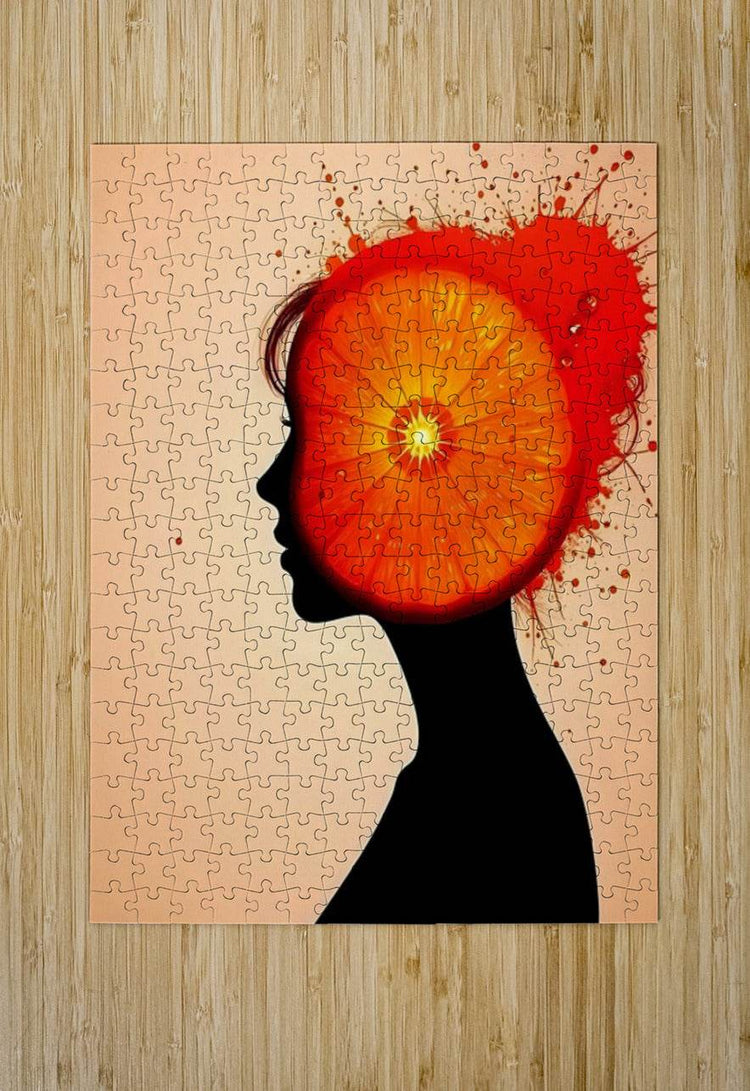 Abstract orange profile portrait jigsaw puzzle artwork with glowing head and red splatter
