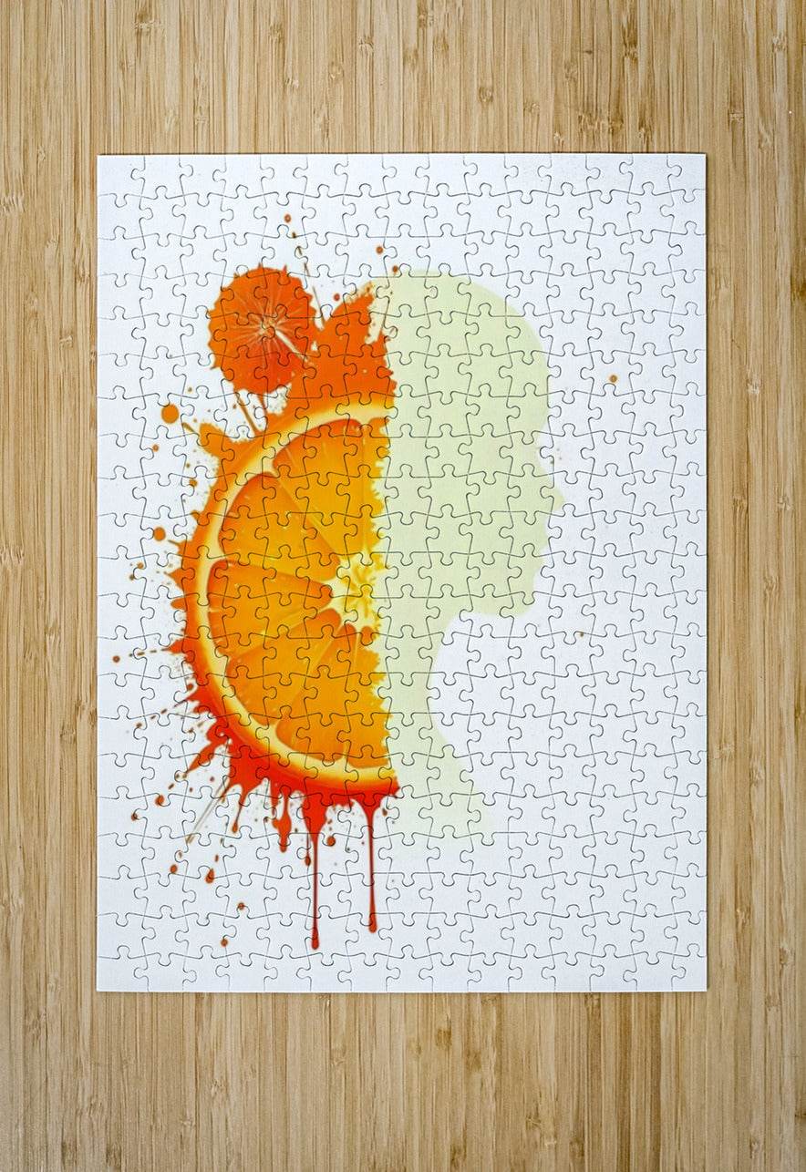 Jigsaw puzzle art with orange citrus slice and pale yellow face on light background