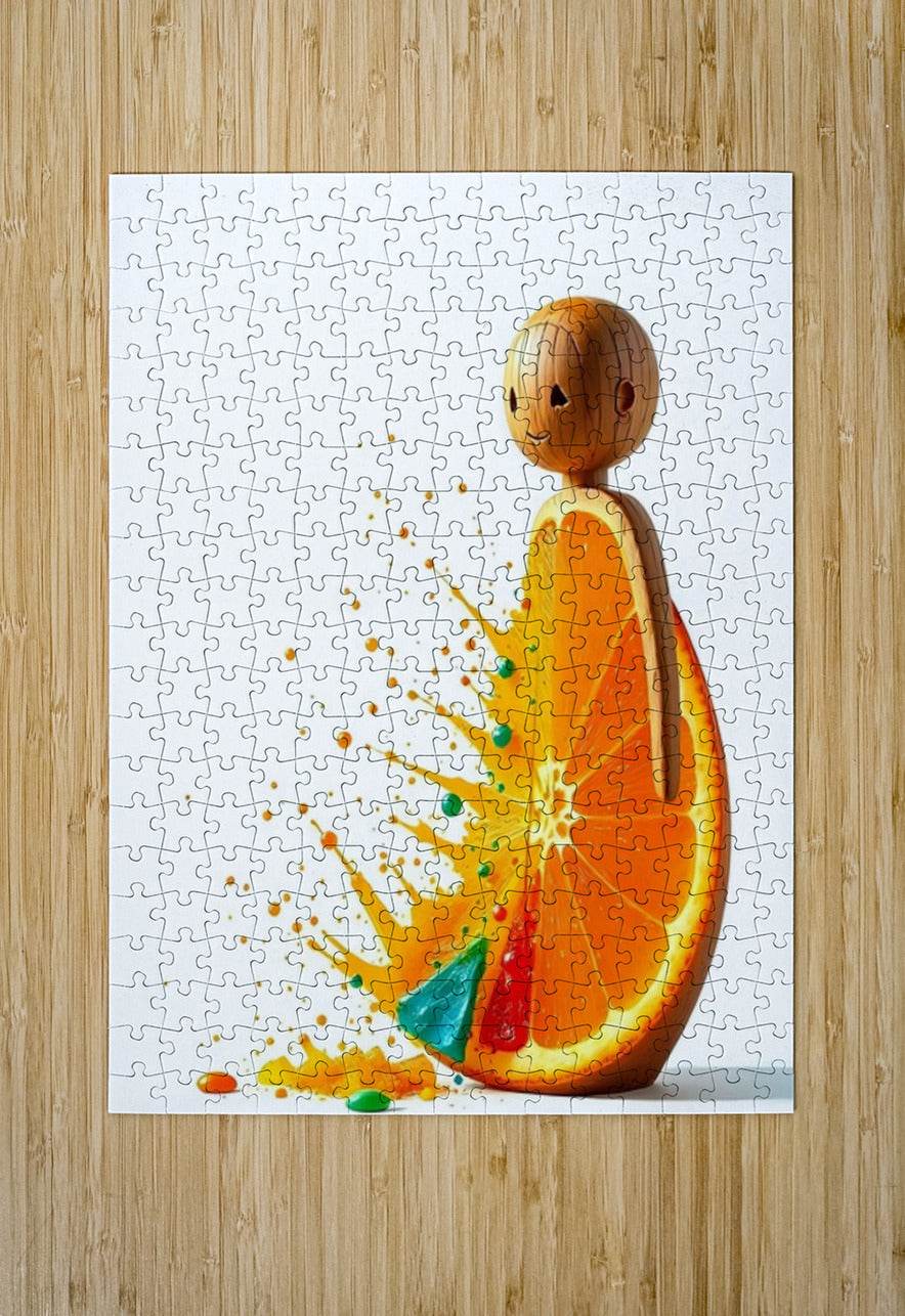 Jigsaw puzzle artwork: smiling orange character with citrus-slice body and yellow-green splashes